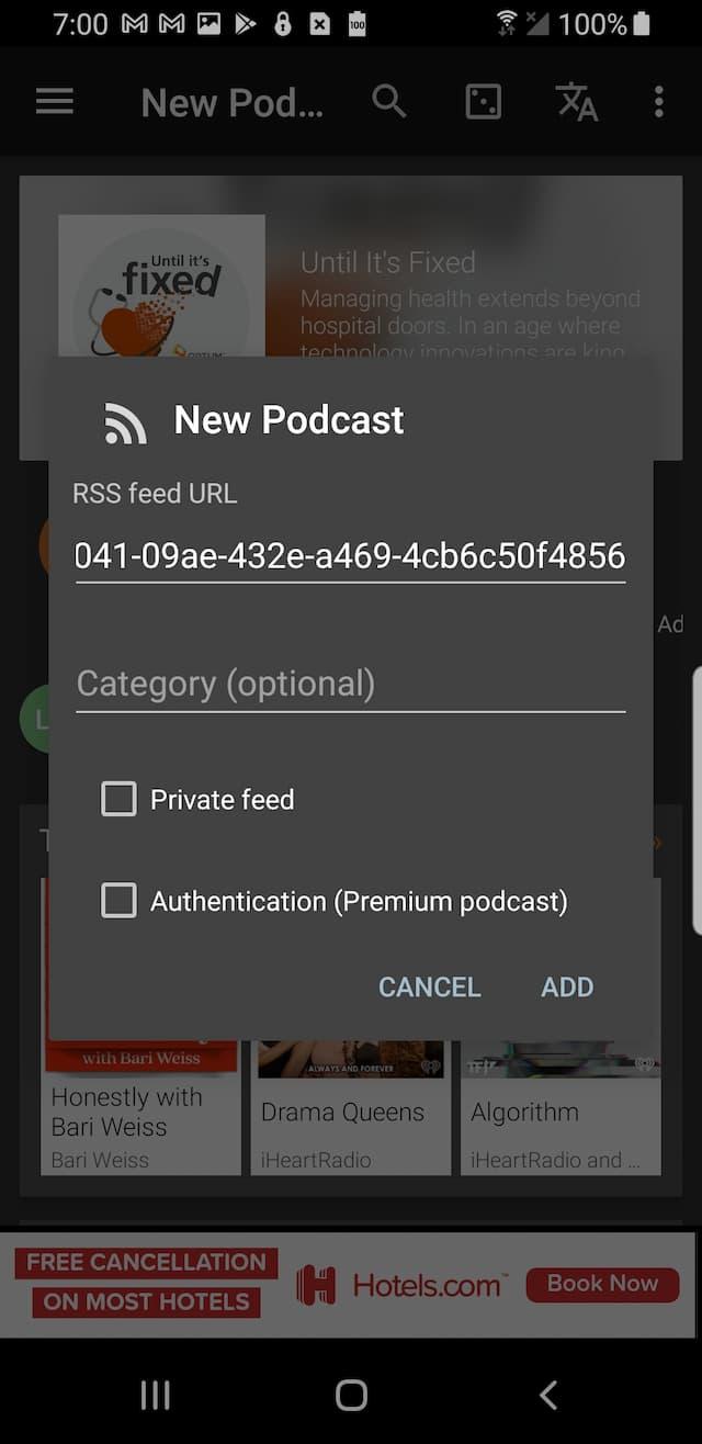 podcast addict add feed android